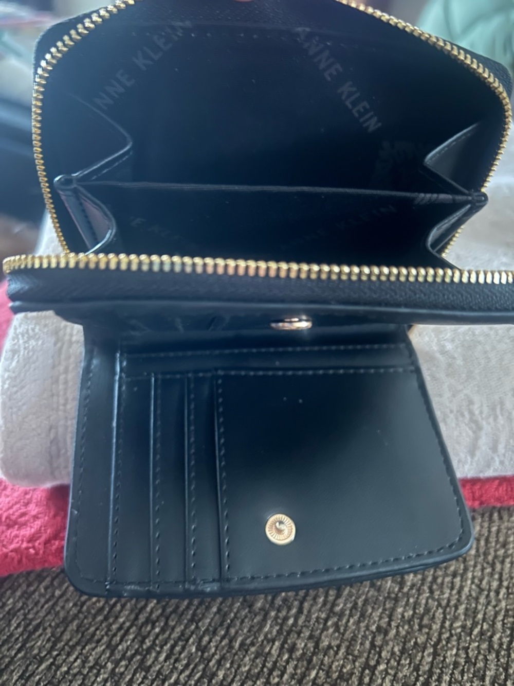 Anne Klein Black Leather Zip-Around Wallet with Gold Logo - Picture 3 of 7